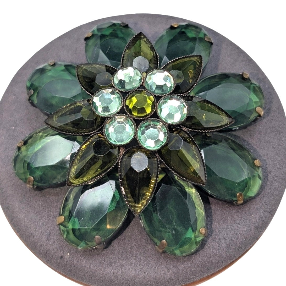 Vintage Green Flower Rhinestone Domed Bronze Metal Brooch