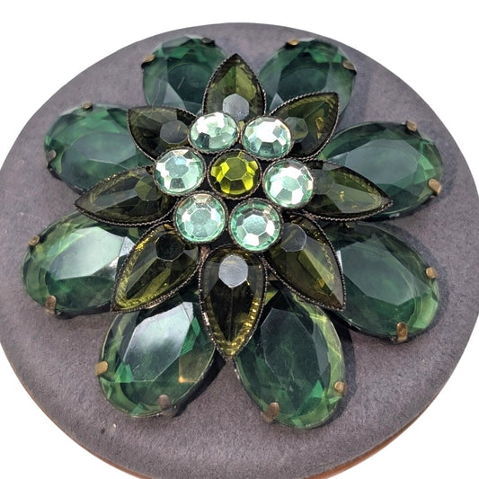 Vintage Green Flower Rhinestone Domed Bronze Metal Brooch