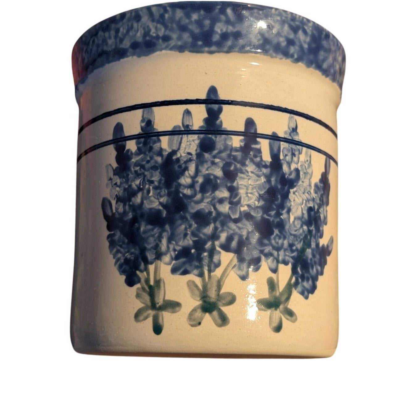 Heavy Blue Green Unsigned Spongeware Pottery Crock
