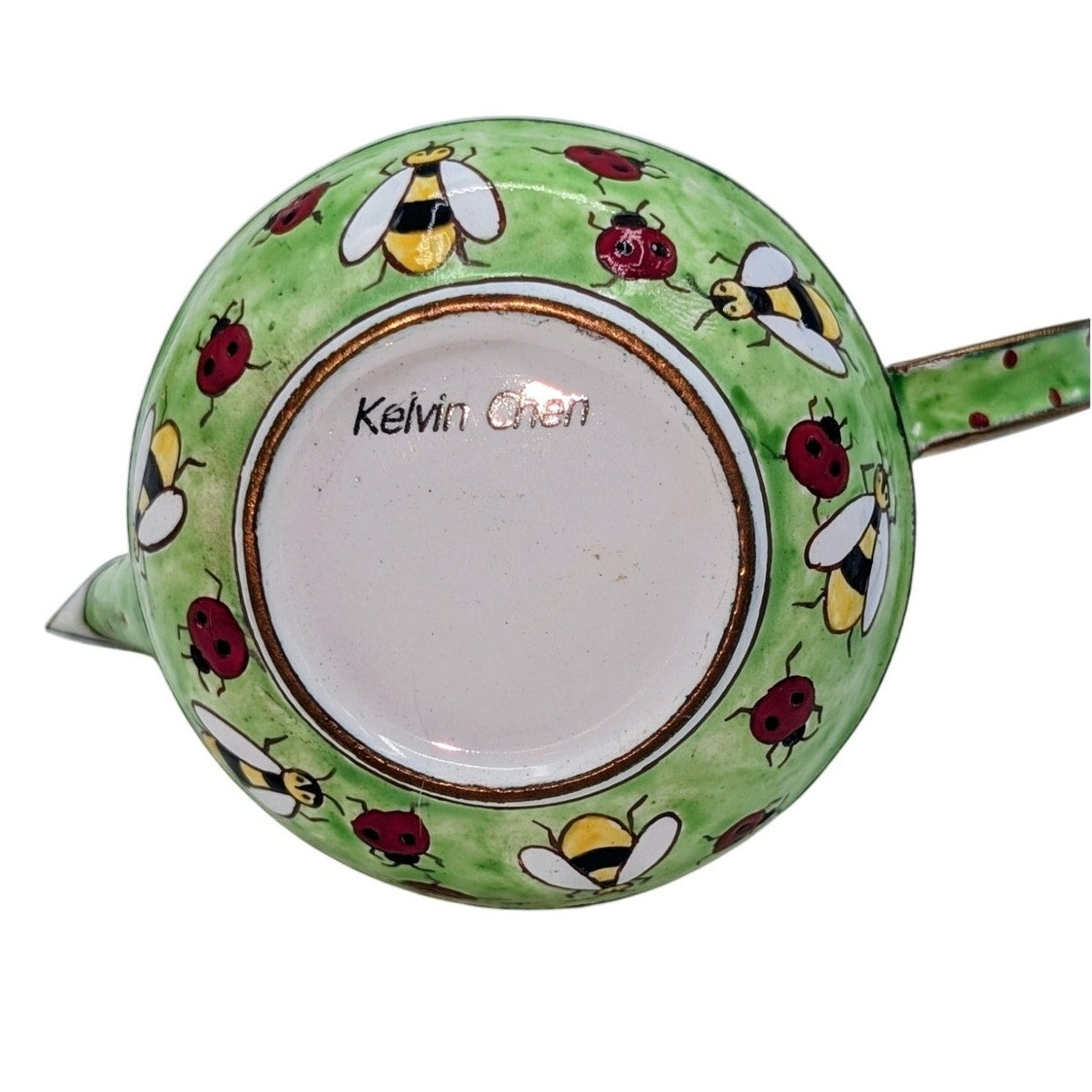 Kelvin Chen Vintage Hand Painted Green Enamel Copper Teapot Ladybugs & Bees