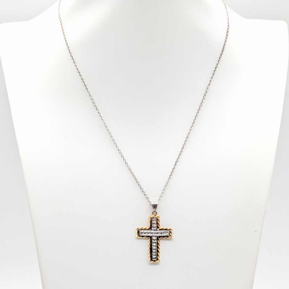 Peru 925 Sterling 1/3 10K Yellow Gold Two Tone Cross Pendant Chain 18" Necklace