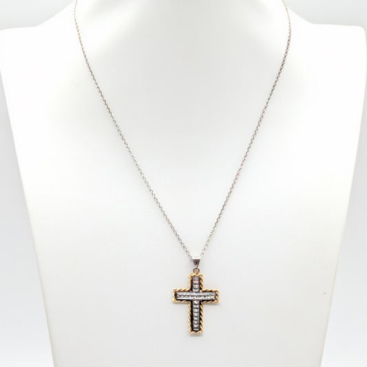 Peru 925 Sterling 1/3 10K Yellow Gold Two Tone Cross Pendant Chain 18" Necklace