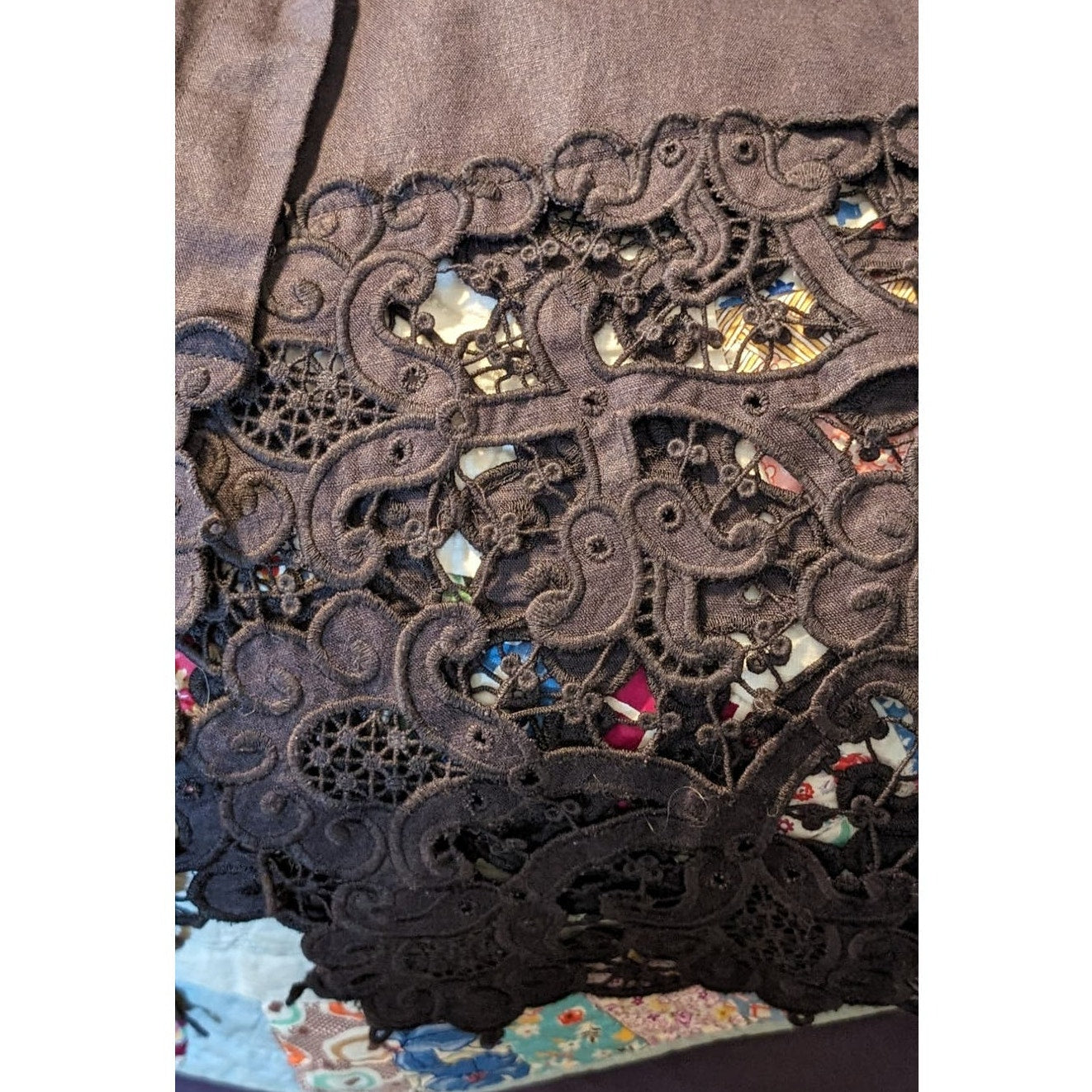 Isda & Co Dark Chocolate Brown Lightweight Wide Lace Hem Open Front Jacket Sz M