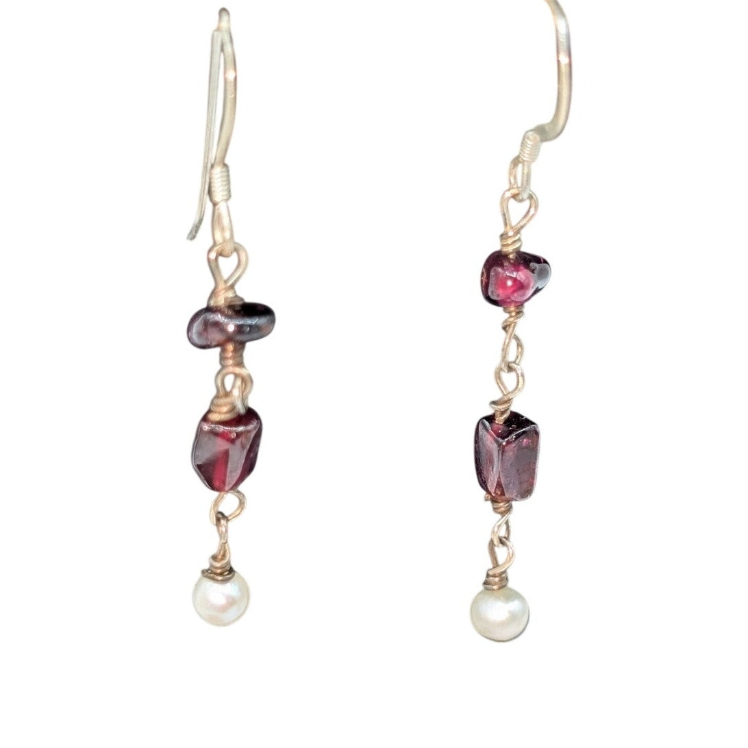 Vintage Garnet Bead Pearl 925 Sterling Silver Dangle Wire Earrings
