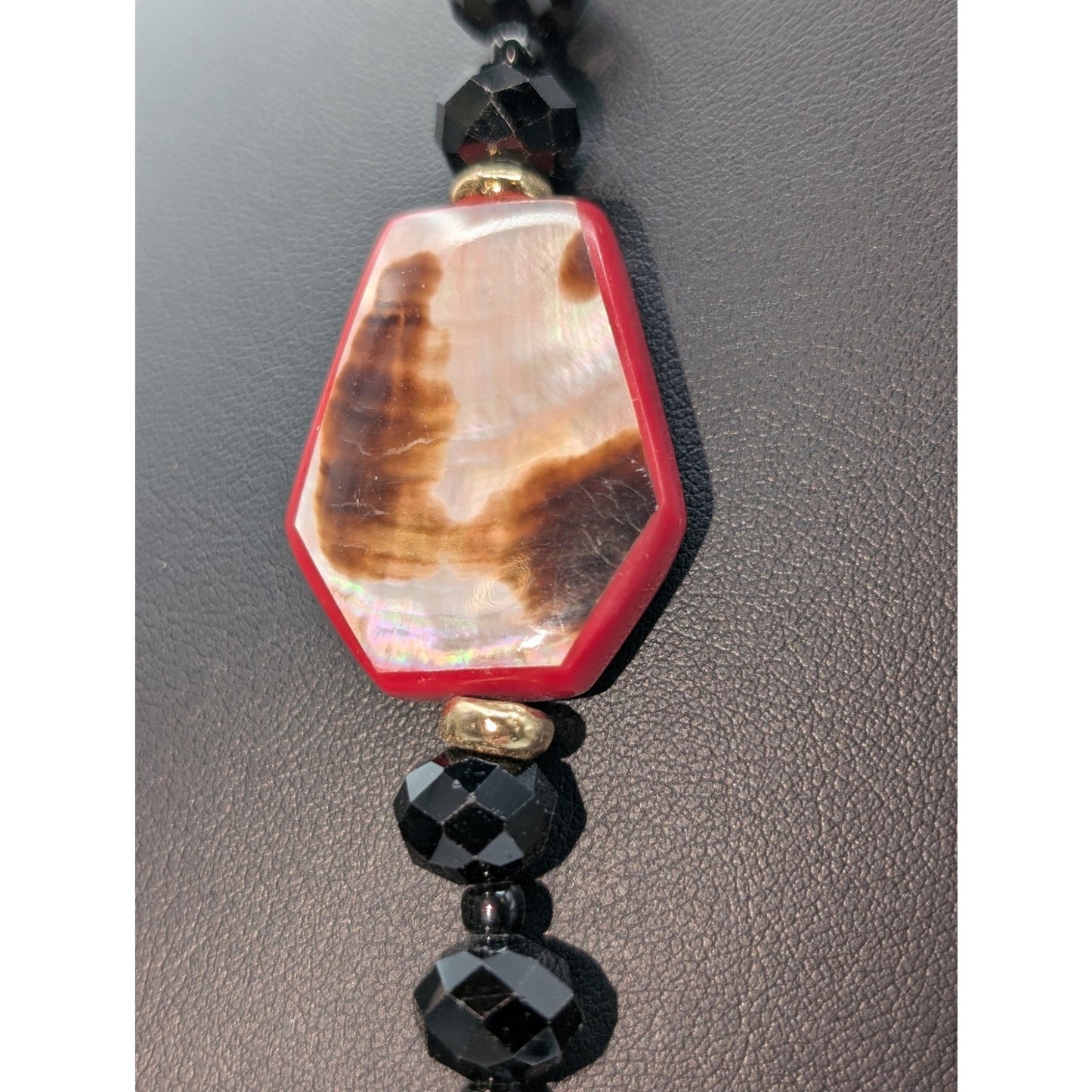 Chico's Collectibles Black Glass Red Lucite Animal Print Shell Dangle Necklace