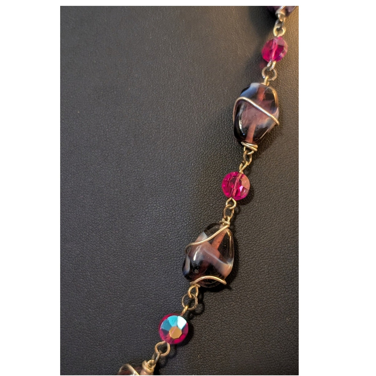 VTG Purple Wire Wrapped Glass Bead & Pink AB Crystal Bead Silver Tone Necklace