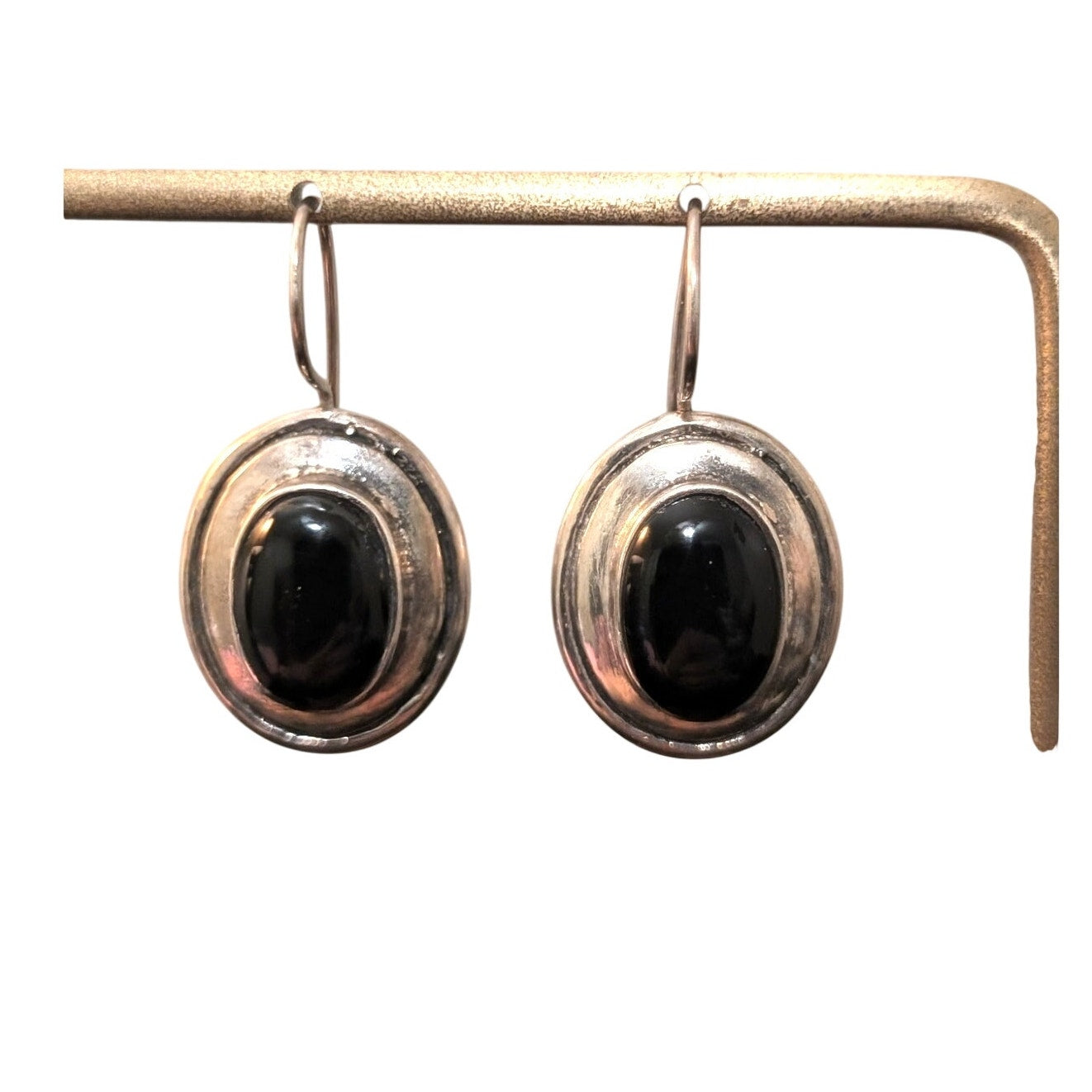 Vintage 925 Sterling Silver Thailand JM Black Onyx Stone French Wire Earrings
