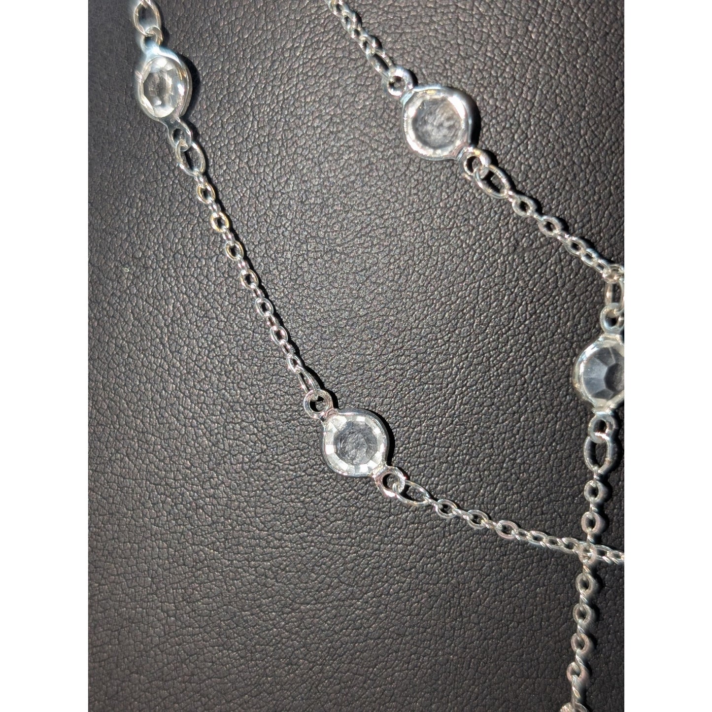 Double Strand Silver Tone Crystal Station Y Drop 15.5" Choker Necklace