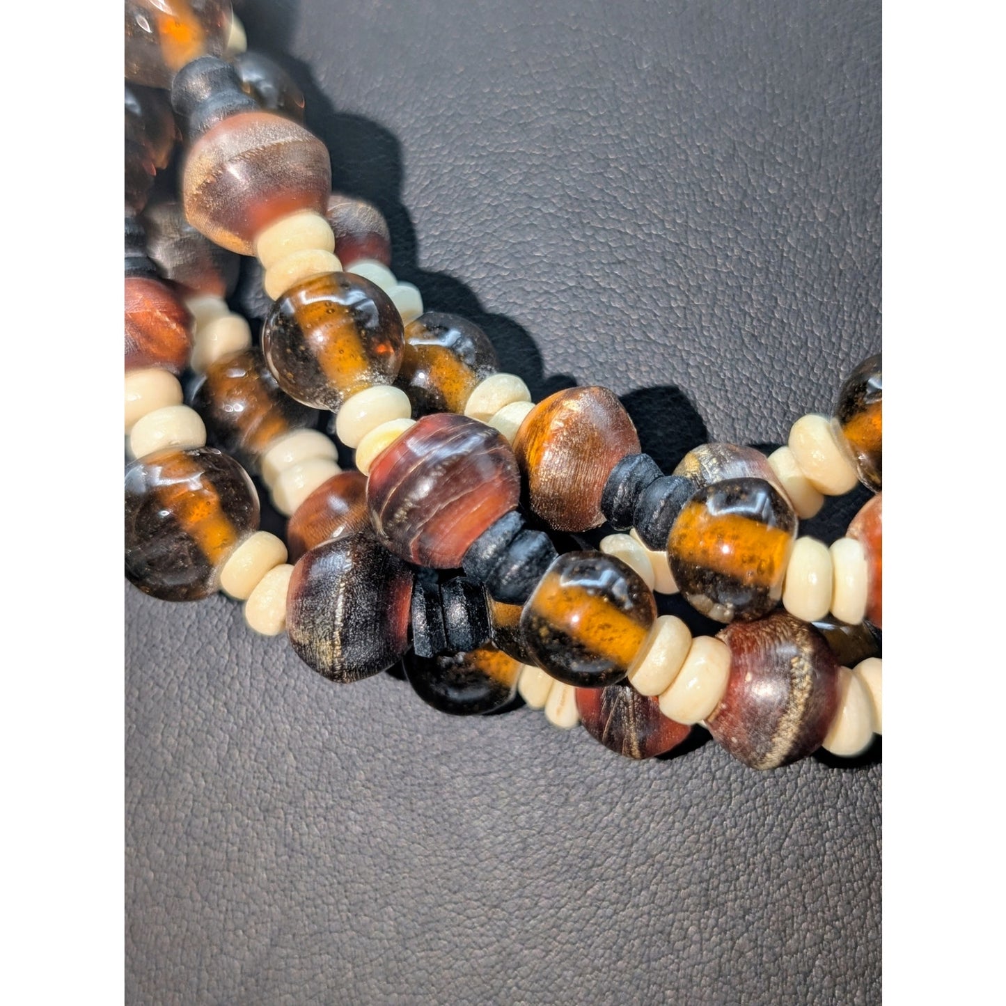 Vintage Amber Cream & Brown Bone Glass Wood Bead Tribal Hook Clasp Necklace