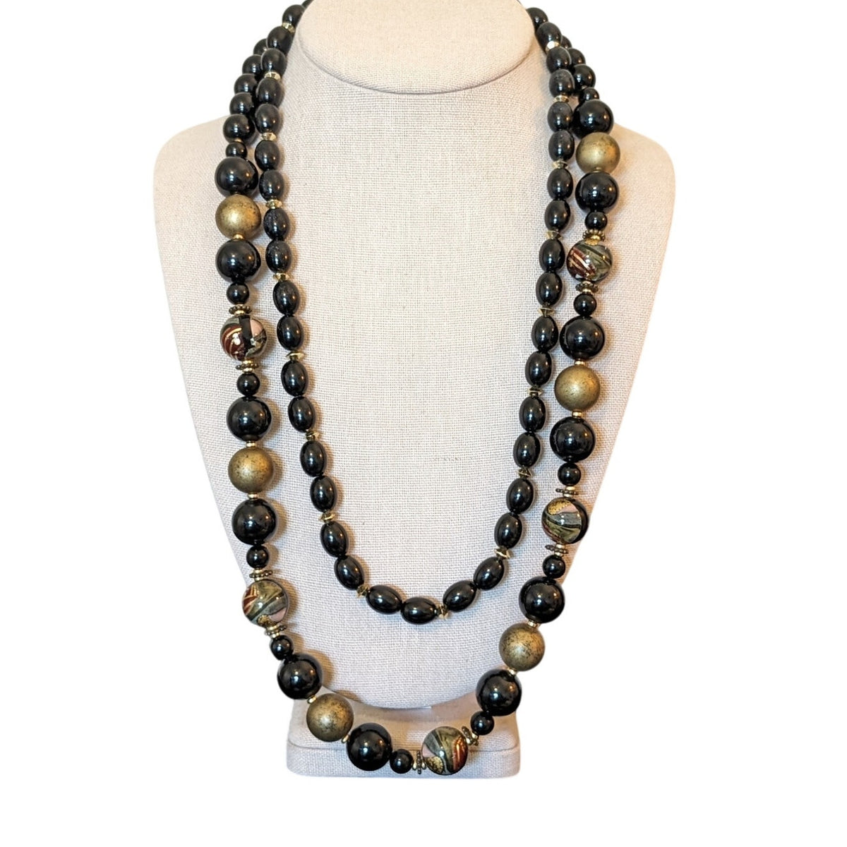Two Black/Gold & Painted Beaded Vintage 24" & 28" Necklaces