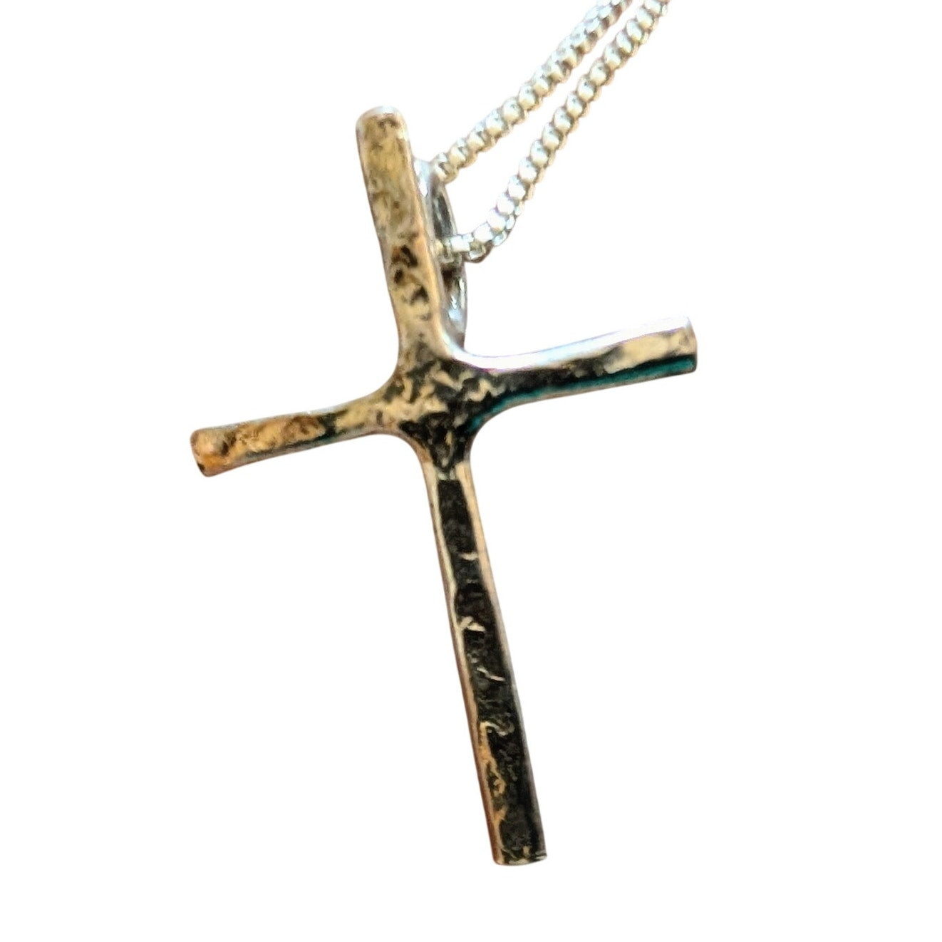 VTG Textured Minimalist Back Bale Sterling Cross Pendant 16" Box Chain Necklace