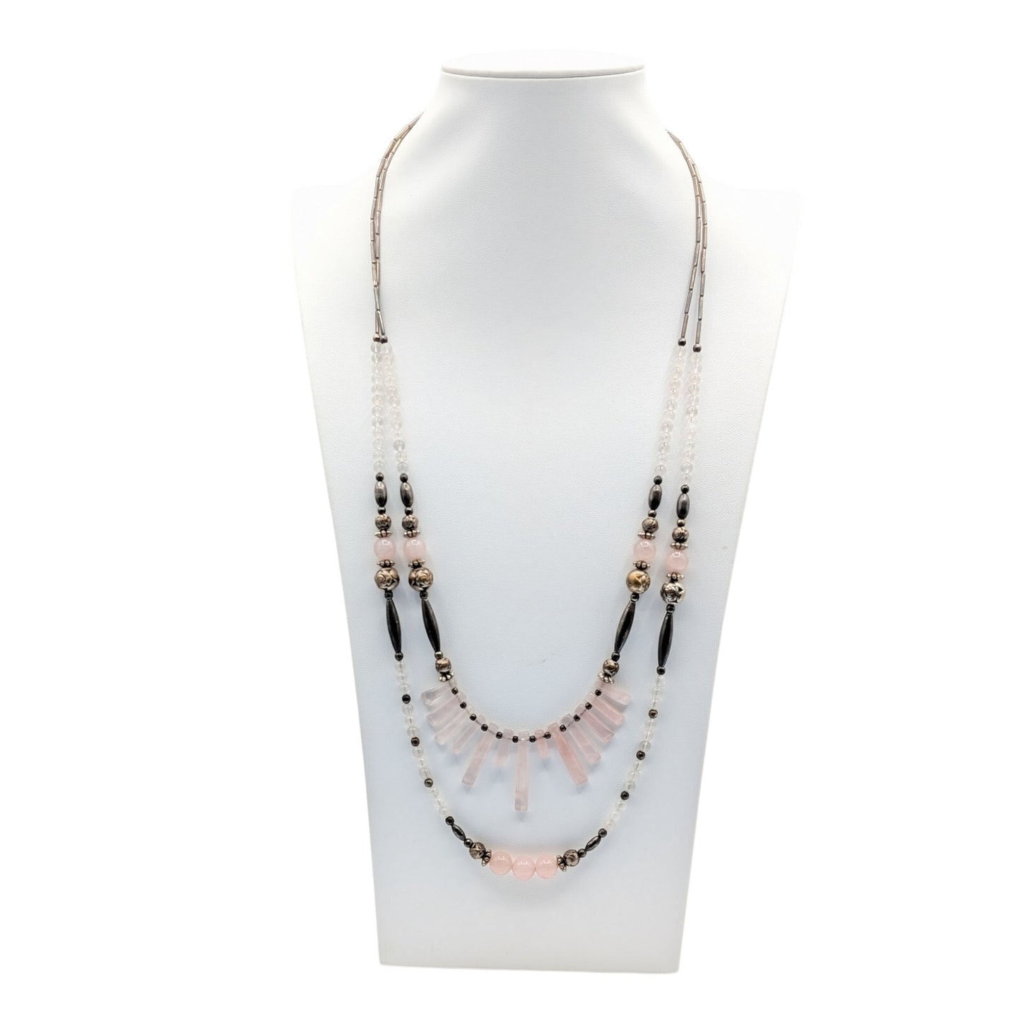 Vintage Liquid Silver Handmade Pink Quartz Crystal Double Strand 25.5" Necklace