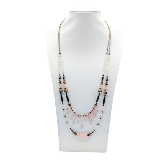 Vintage Liquid Silver Handmade Pink Quartz Crystal Double Strand 25.5" Necklace