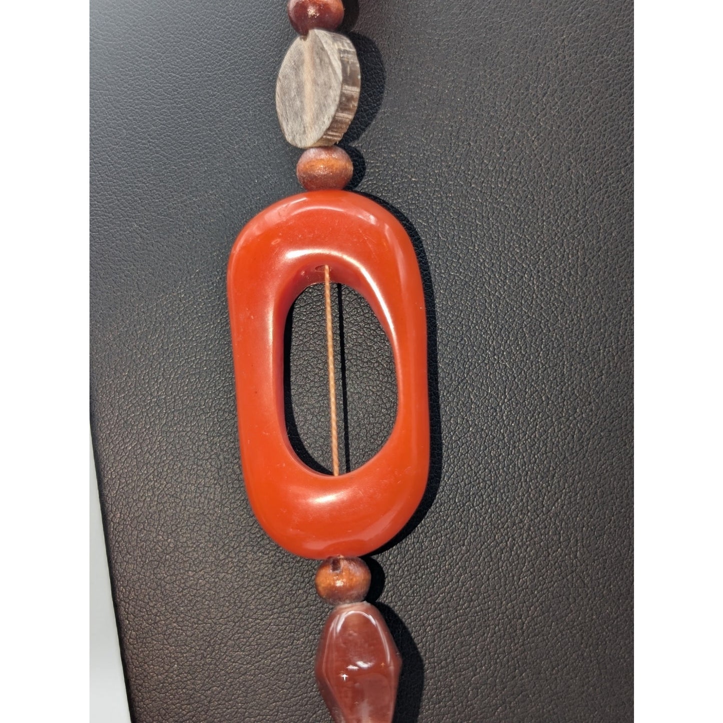 Vintage 70s Wood Orange Resin Bead 32" Over the Head Necklace