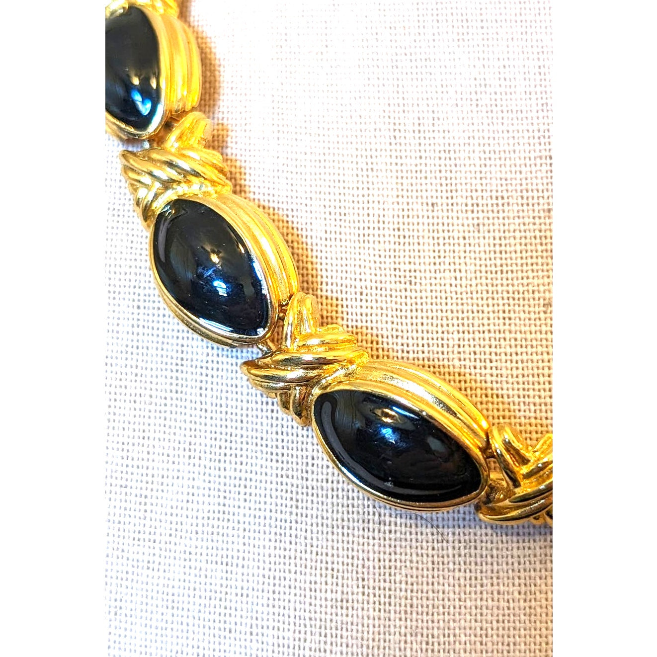 Chunky Vintage 80s Gold Tone X Link Black Enamel Necklace