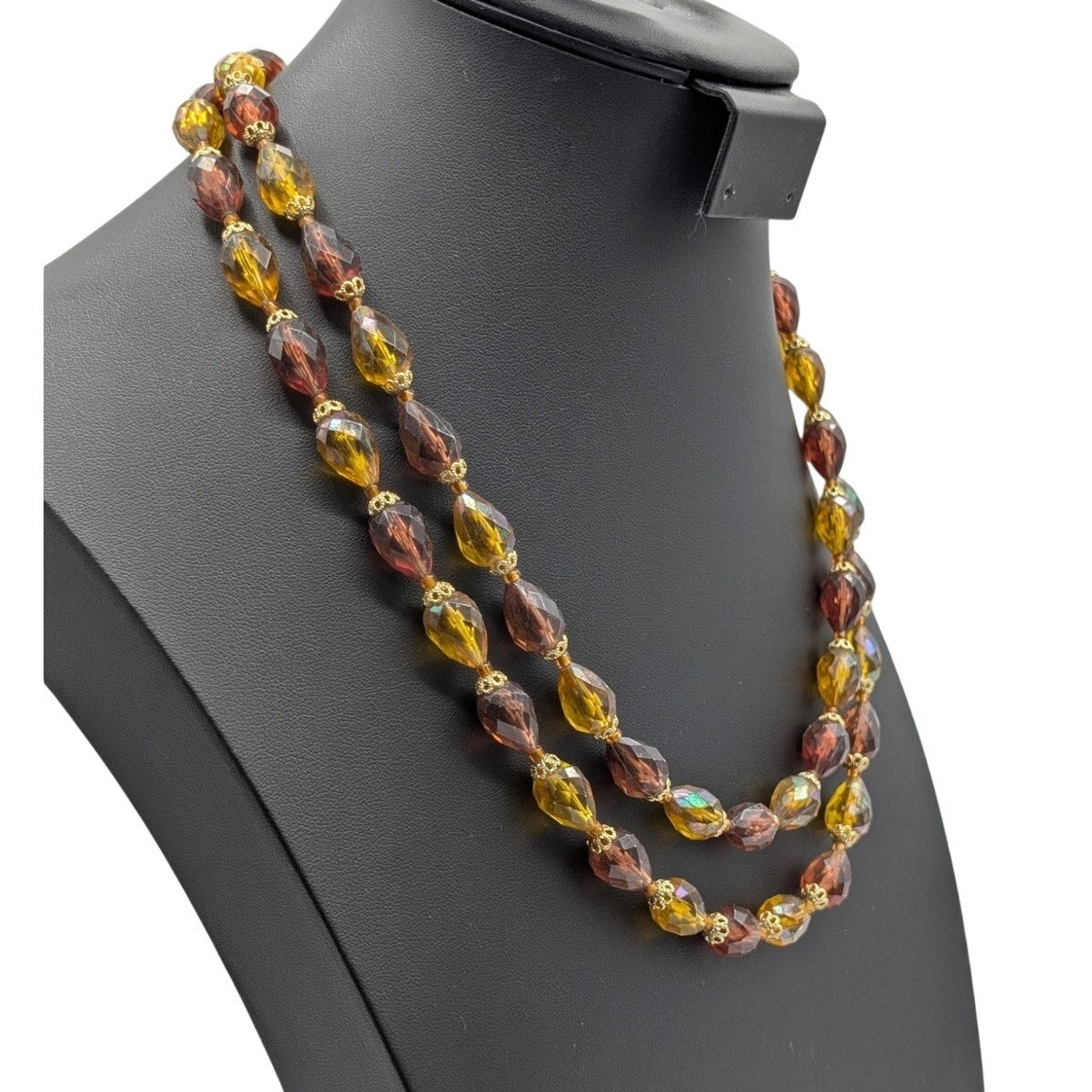 Vintage Double Strand Signed West Germany AB Gold Caramel Acrylic Bead Necklace