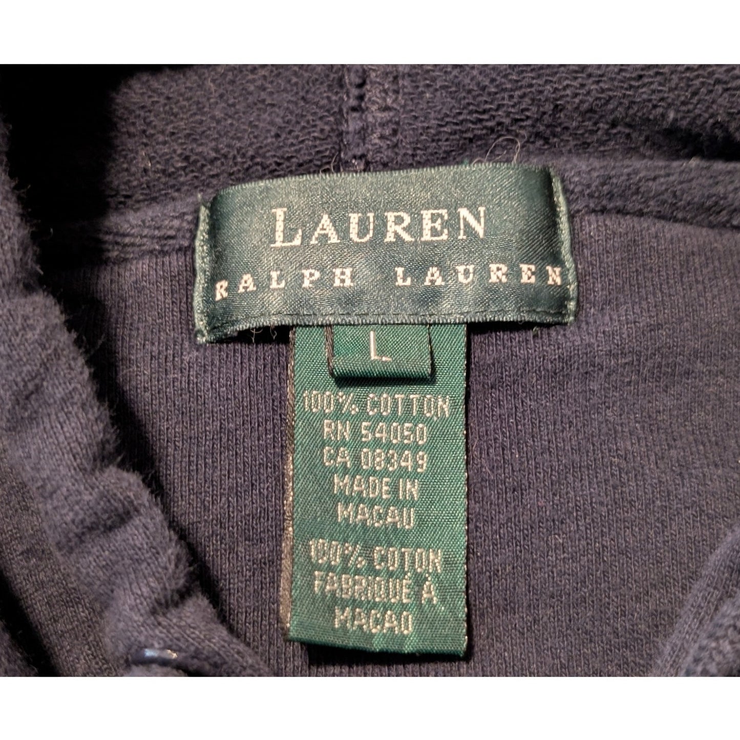 Vintage Lauren Ralph Lauren Navy Full Zip 100% Cotton Hoodie Women's Size L