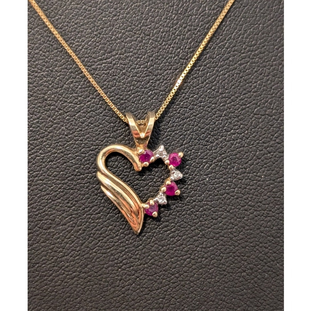 14K Yellow Gold Red Spinel Diamond Heart Pendant 20" 14K Box Chain Necklace