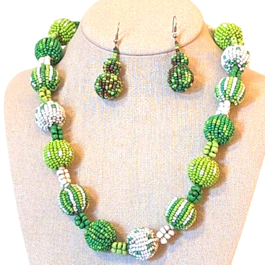 Vintage Green Multicolor Seed Bead Chunky Beaded Ball Necklace and Earring Set