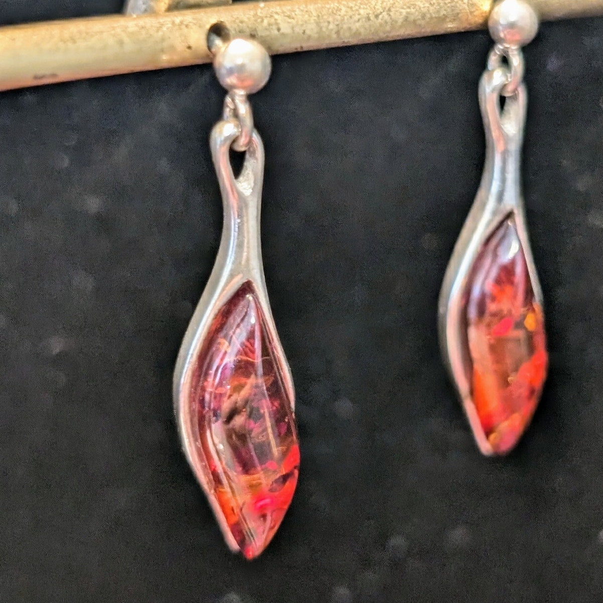Vintage Marked 925 Sterling Silver Baltic Amber Post Dangle Earrings