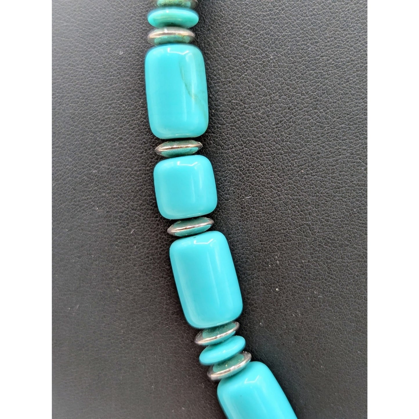 Vintage Bohemian Lucite Blue Barrel & Silver Tone Beaded  Approx. 28" Necklace