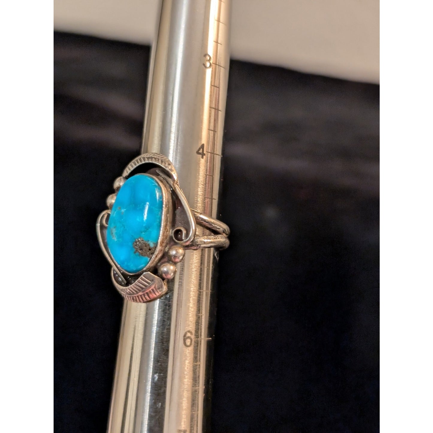 Vtg Southwestern Sterling Blue Turquoise Split Shank Feather Bead Ring Size 5