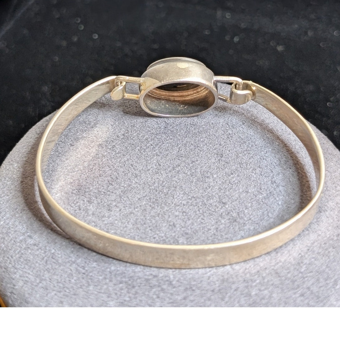 Vintage 925 Sterling Silver Black Inlaid Onyx Hook Bangle Bracelet