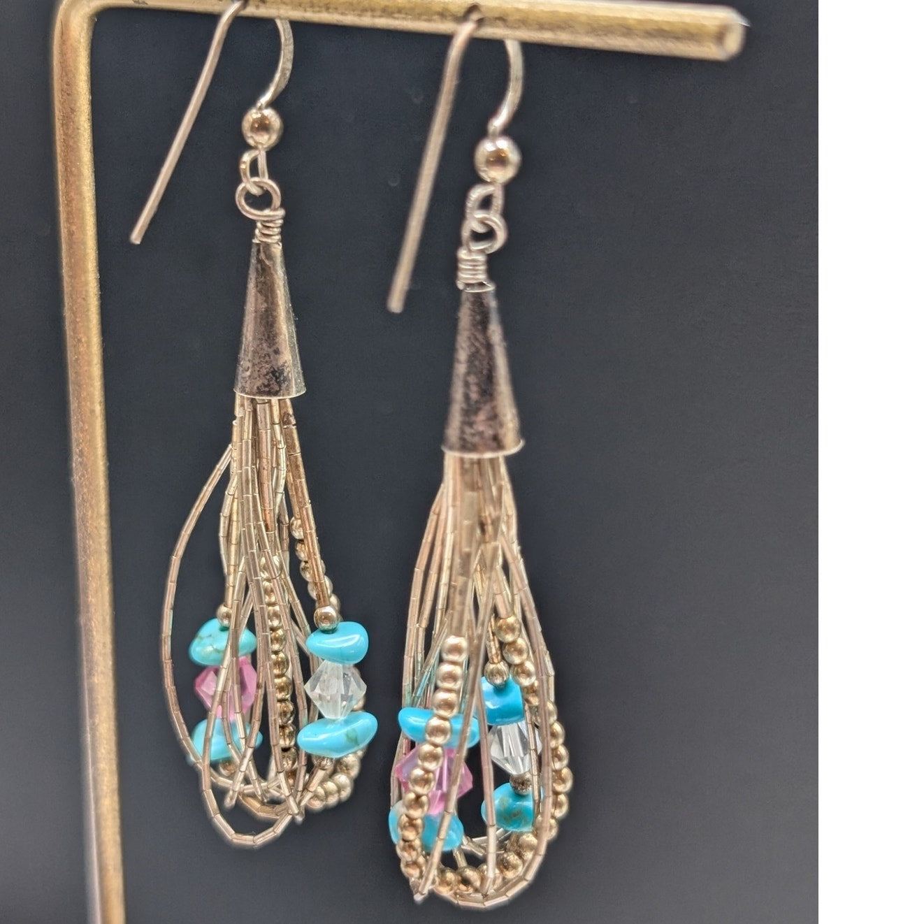 VTG Sterling Native American Liquid Silver Turquoise Crystal Bead Earrings