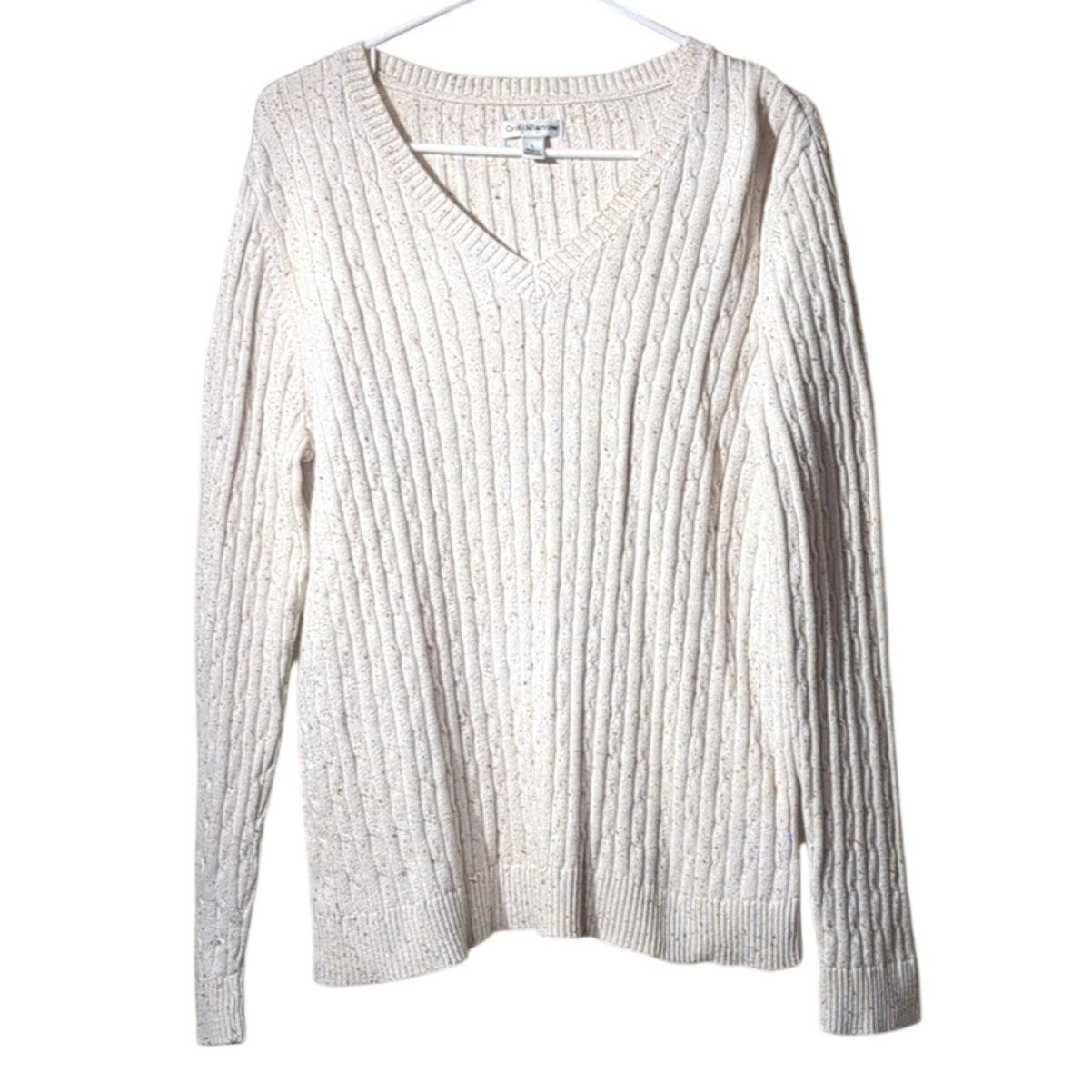 Croft & Barrow Cream Brown Speckled Cable Knit V-Neck Pullover Sweater Sz L