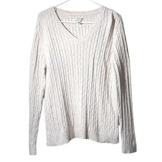 Croft & Barrow Cream Brown Speckled Cable Knit V-Neck Pullover Sweater Sz L