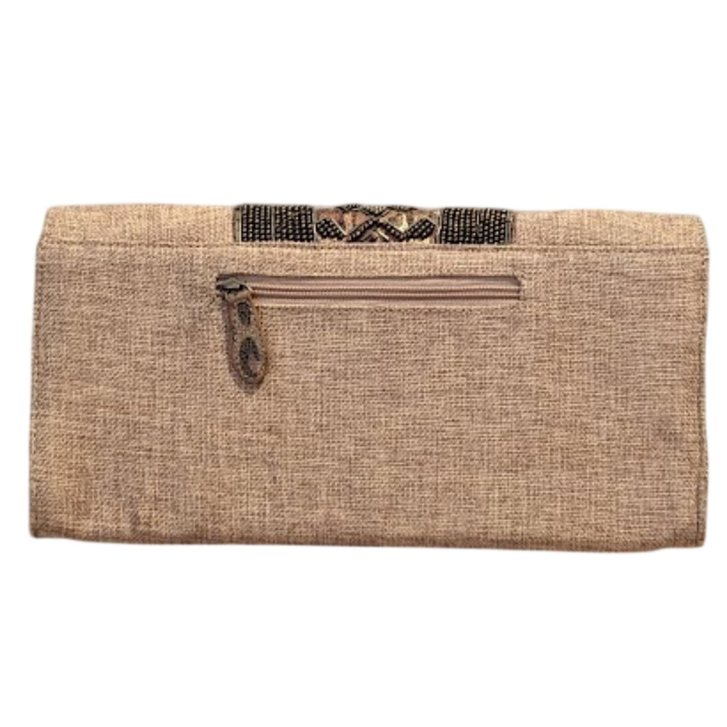 Chico's Woven Beaded Animal Print Envelope Clutch Tan
