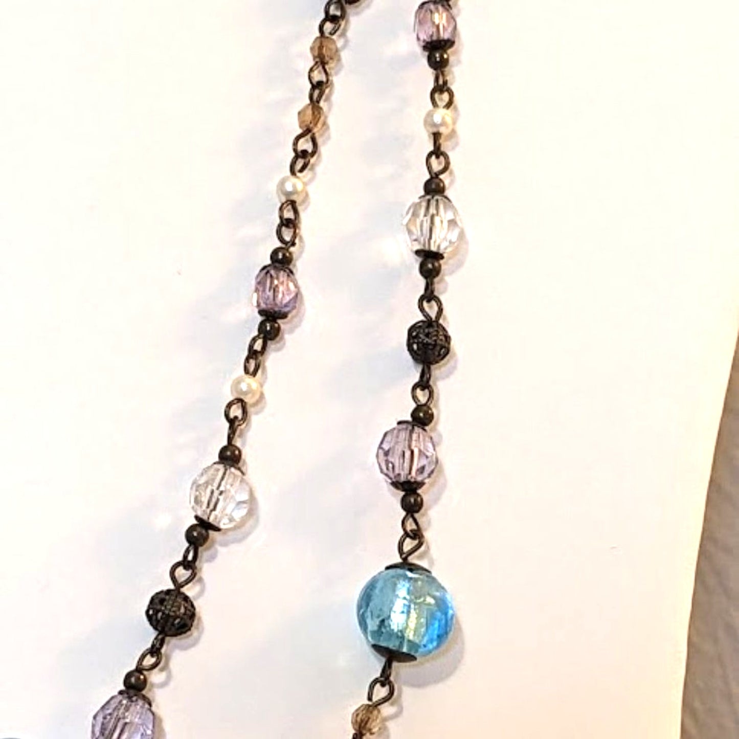 Boho Antiqued Bronze Glass Filigree Metal & Faux Pearl Bead Chain 42" Necklace