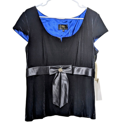 Sandra Darren NWT Black Velvet Satin Rhinestone Tie Cap Sleeve Formal Top  Sz 12