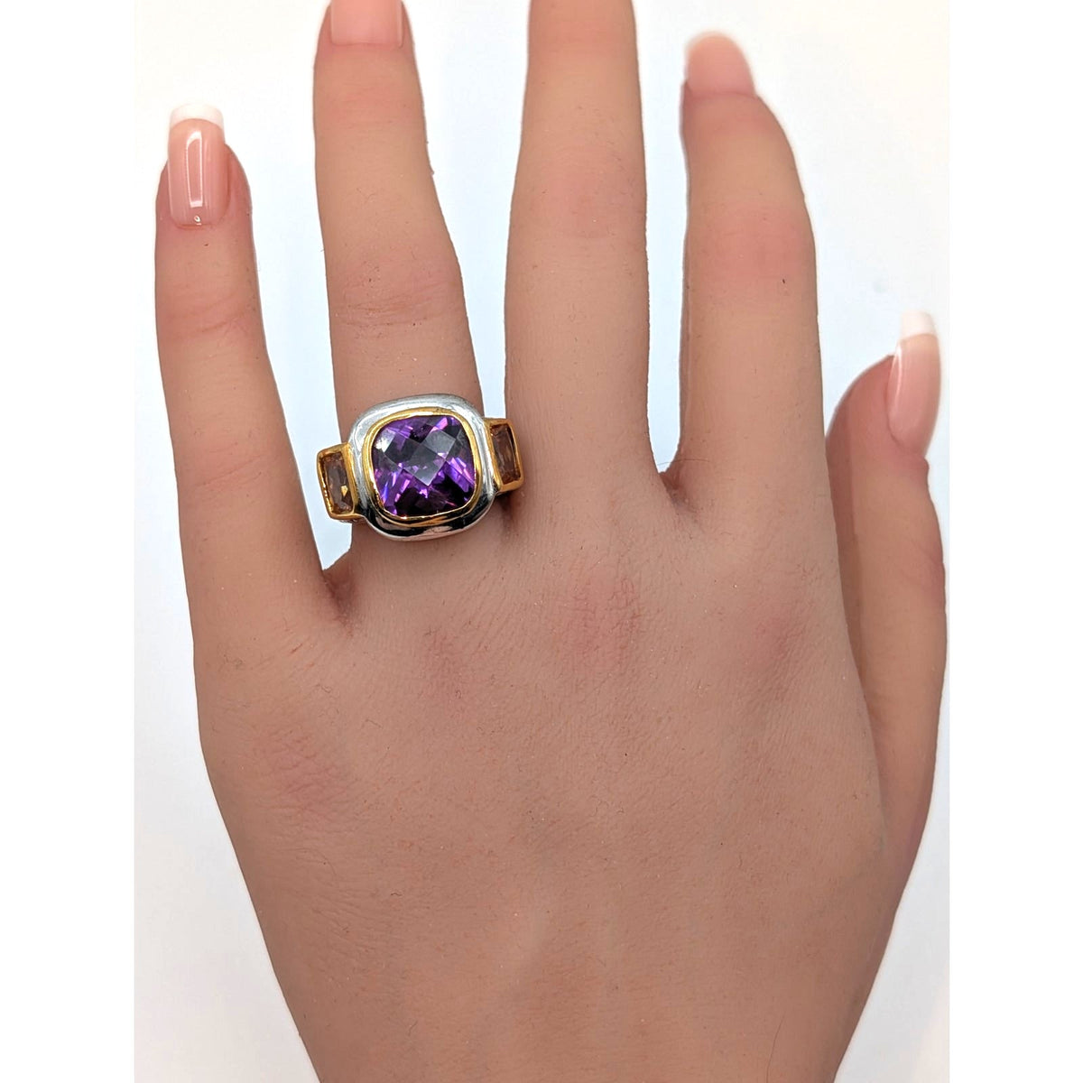18K Gold Electroplate Mixed Metal Purple & Gold Glass Stone Ring Size 5.25