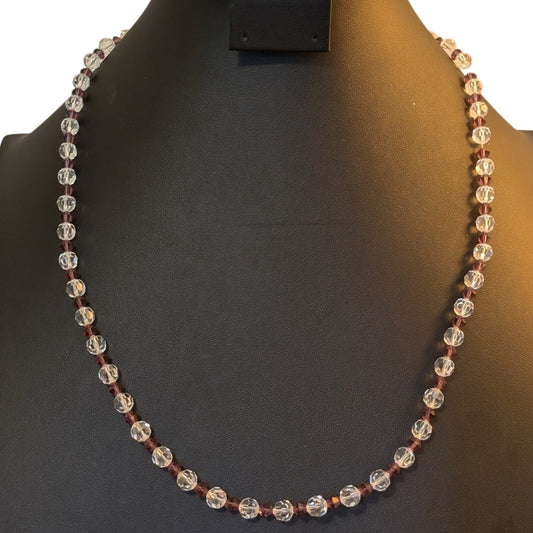 Vintage Clear &  Purple Crystal Bicone Bead Necklace W/ Fish Hook Clasp