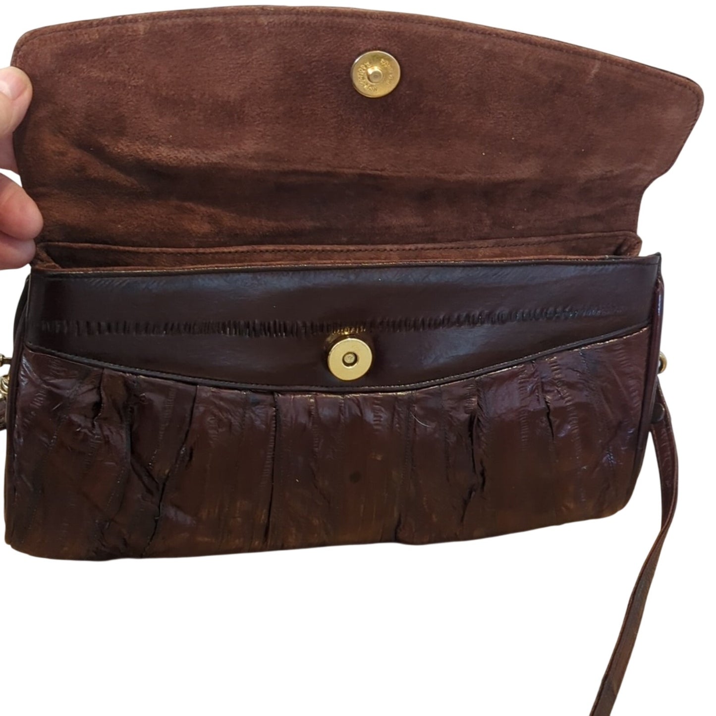 Vintage Leather of the Sea Brown Eel Skin Flap Closure Crossbody Handbag