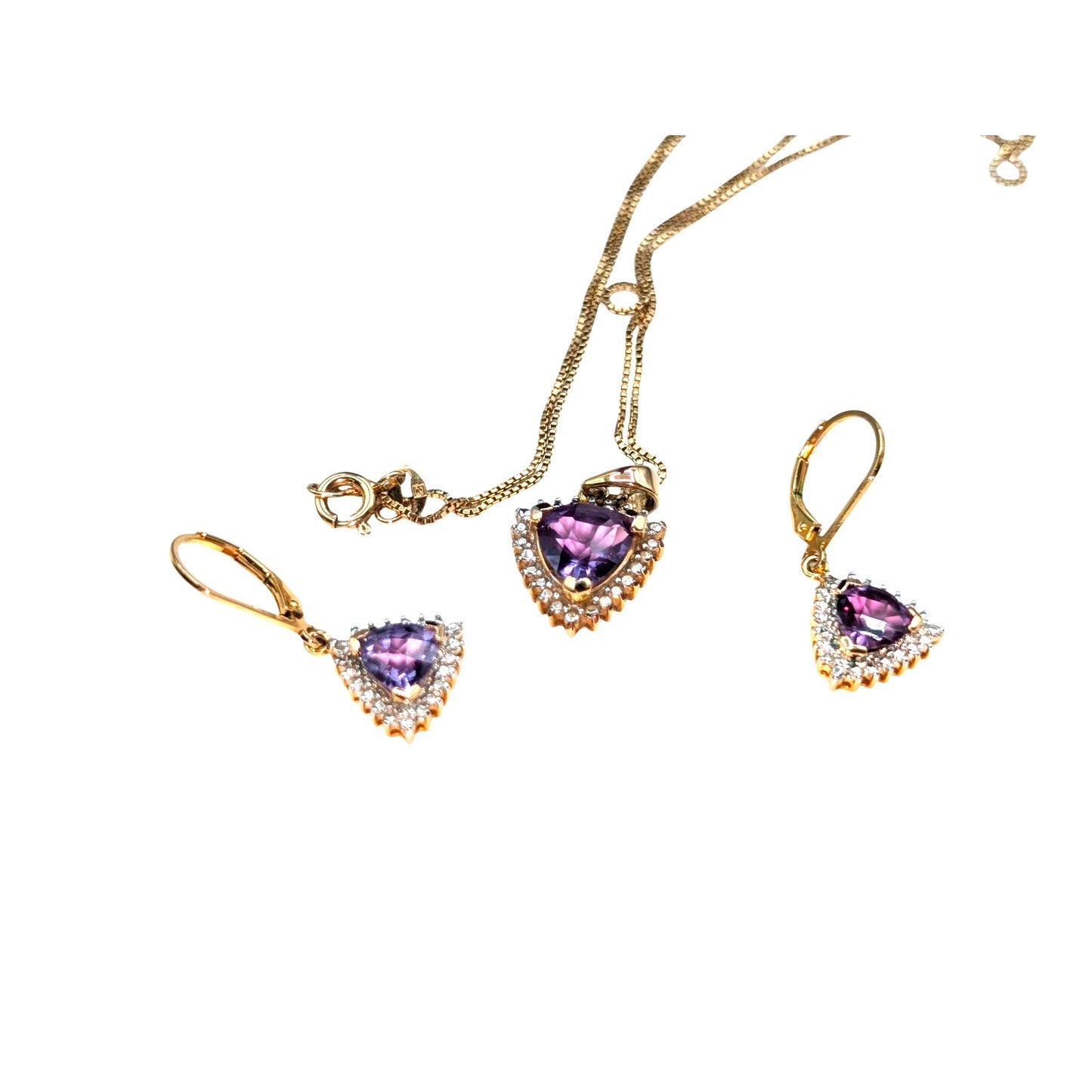 Vintage 925 Sterling Vermeil Faceted Purple Sapphire Pendant Necklace & Earrings