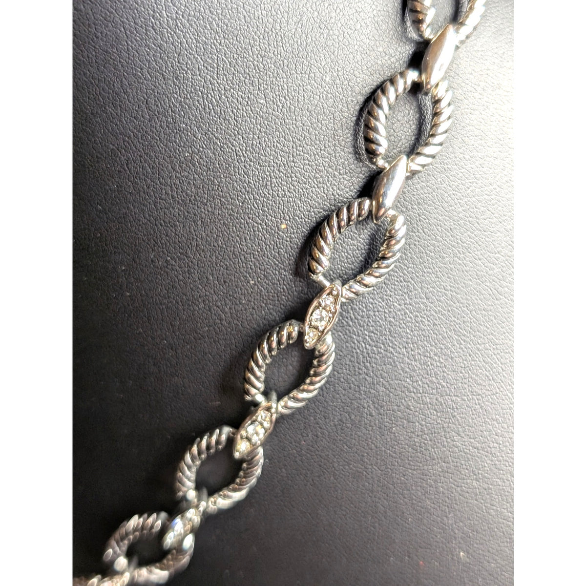 Silver Tone Textured Oval Link CZ Side by Side Y Dangle Fold Over Clasp Necklace