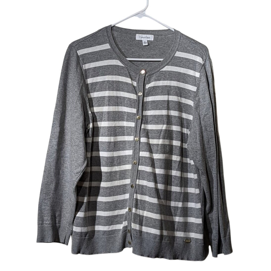 Calvin Klein Gray/White Striped Gold Button 3/4 Sleeve Cardigan Womens Sz XL