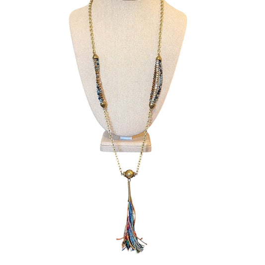 Gold Tone Beaded Multi-Color Tassel 30" Chain Necklace