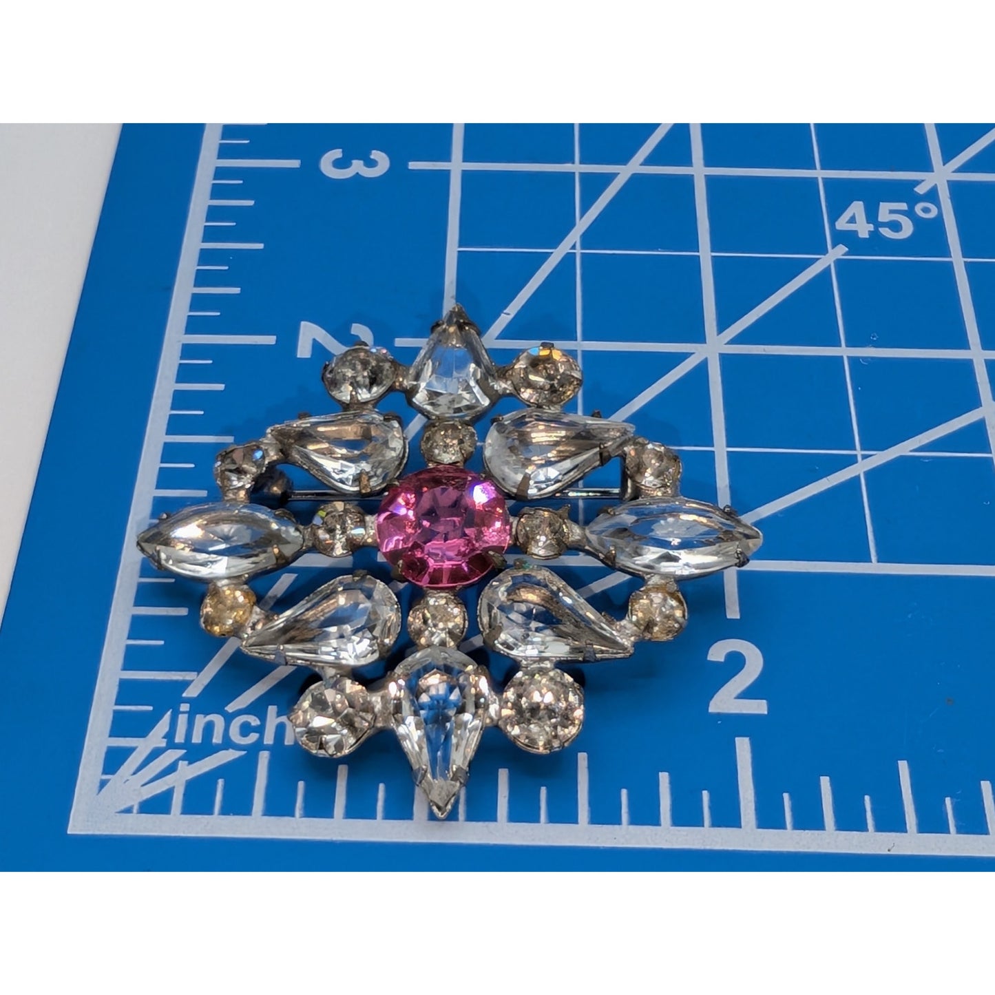 Vintage Silver Tone Clear & Pink Rhinestone Brooch