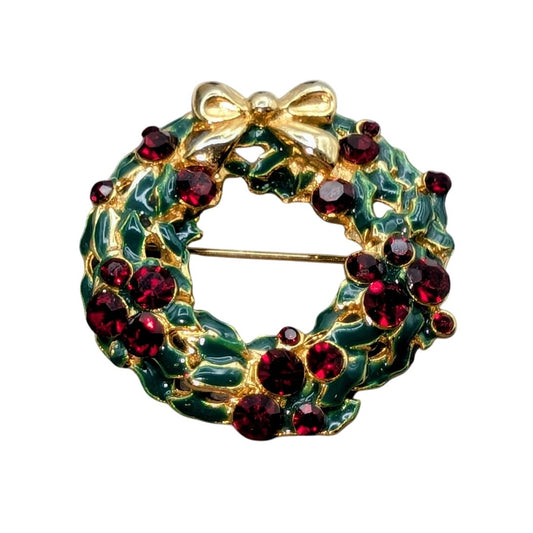 Vintage Liz Claiborne Ruby Red Rhinestone Gold Tone 1.5" Wreath
