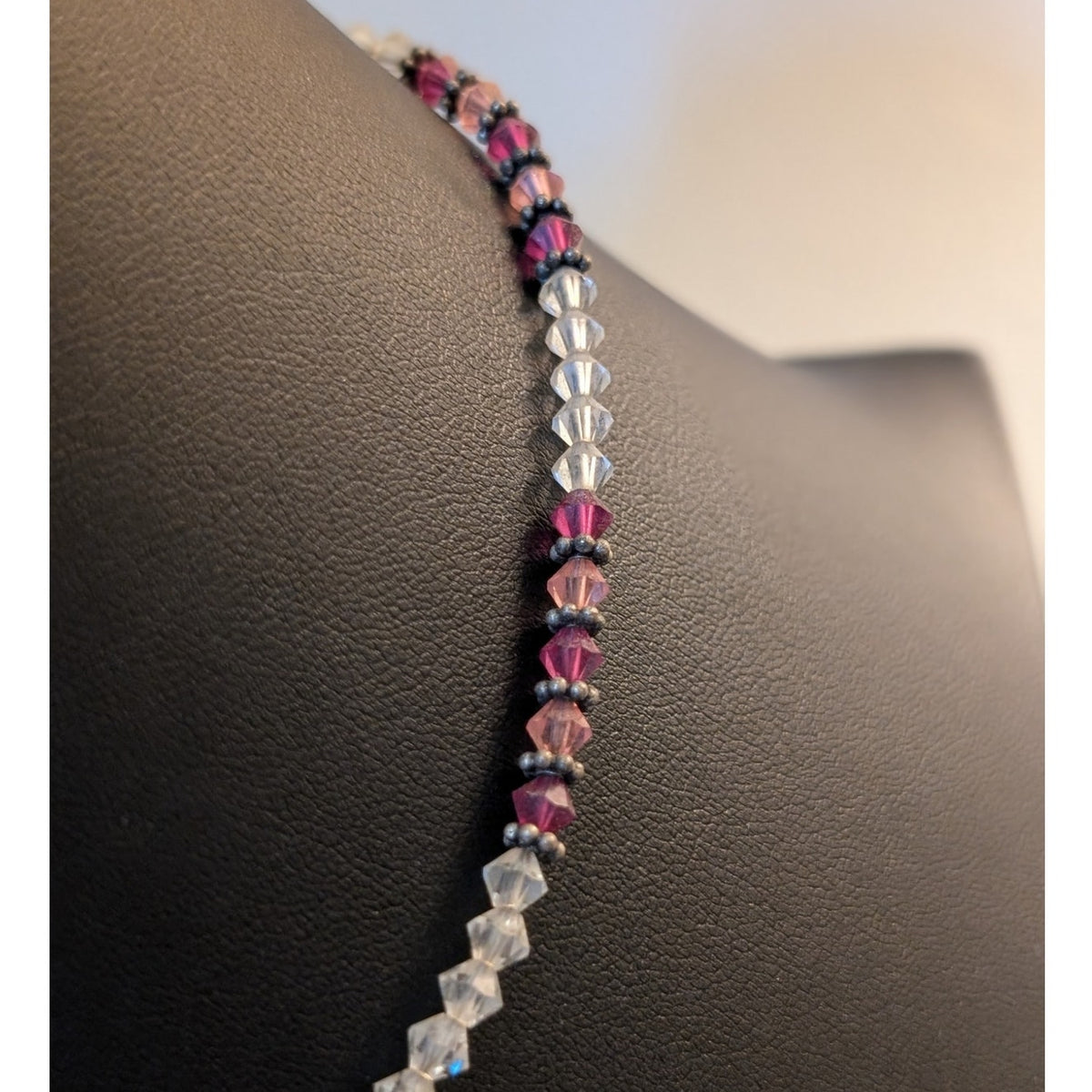 Vtg Boho Clear Purple Pink Crystal Bicone Bead Choker 17" Hook Clasp Necklace