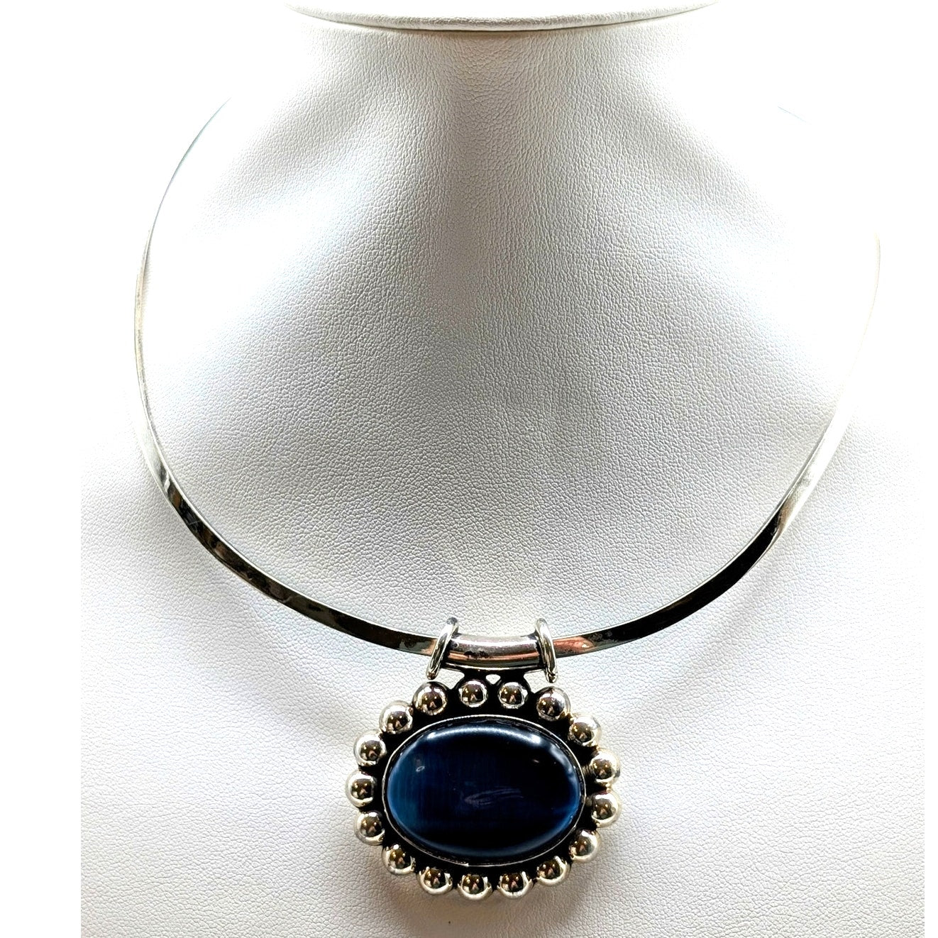 Vintage Taxco Large Blue Cat's Eye 950 Silver Pendant on Sterling Taxco Torque