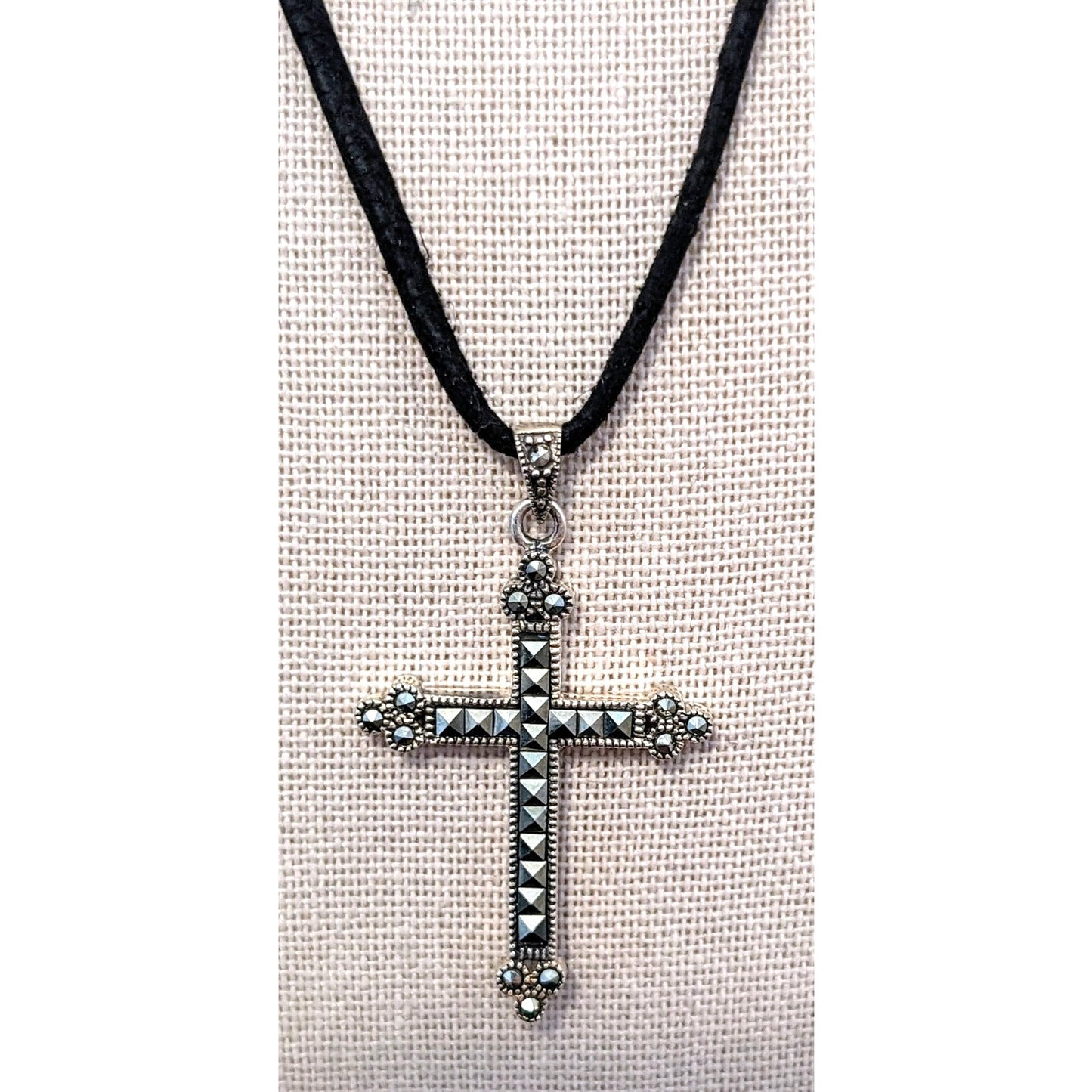 Vtg 925 Sterling Silver Marcasite Cross on Black Cord w/ 925 Lobster Claw Clasp