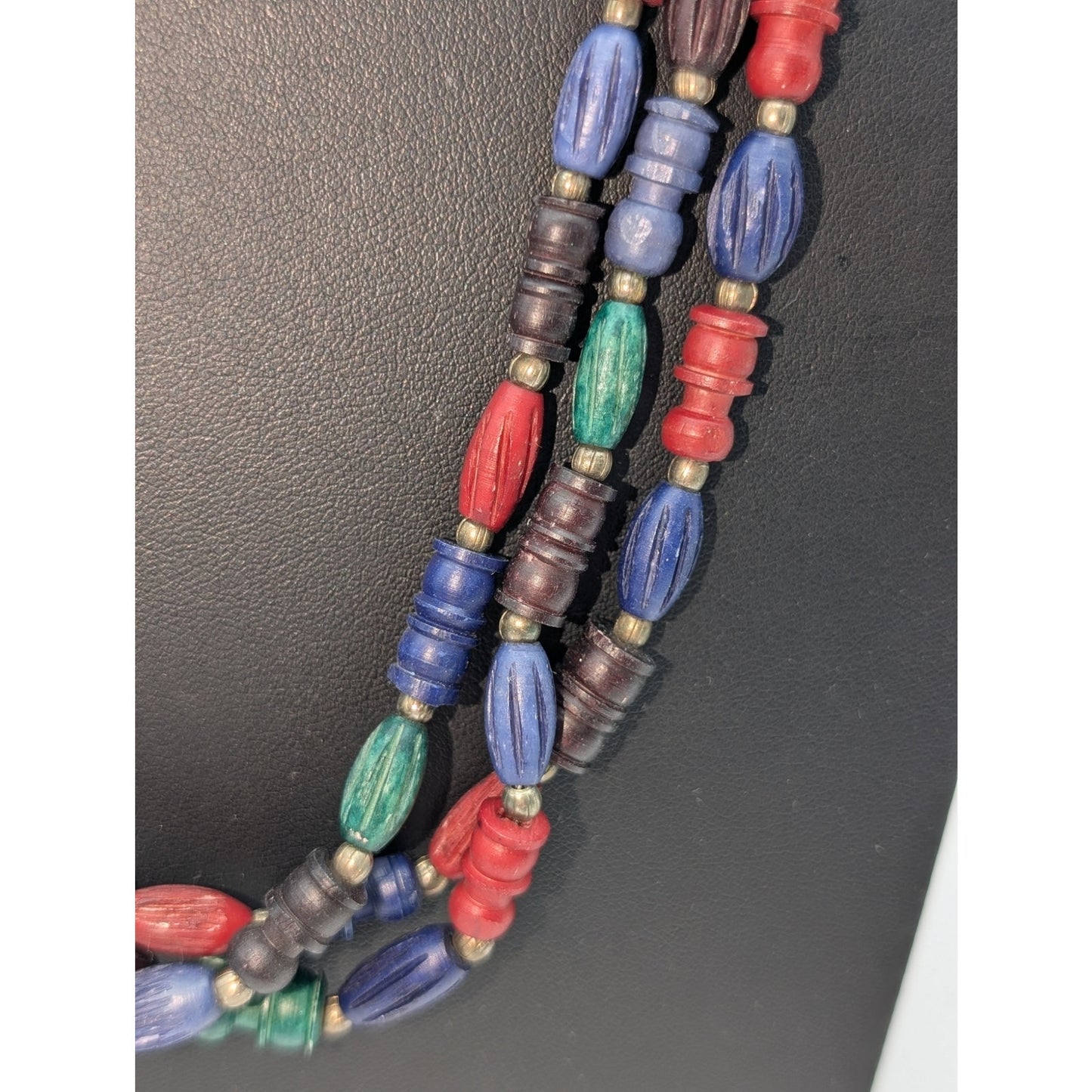 Vintage Triple Strand Jewel Tone Tribal Resin Bead Hook Clasp 30" Necklace