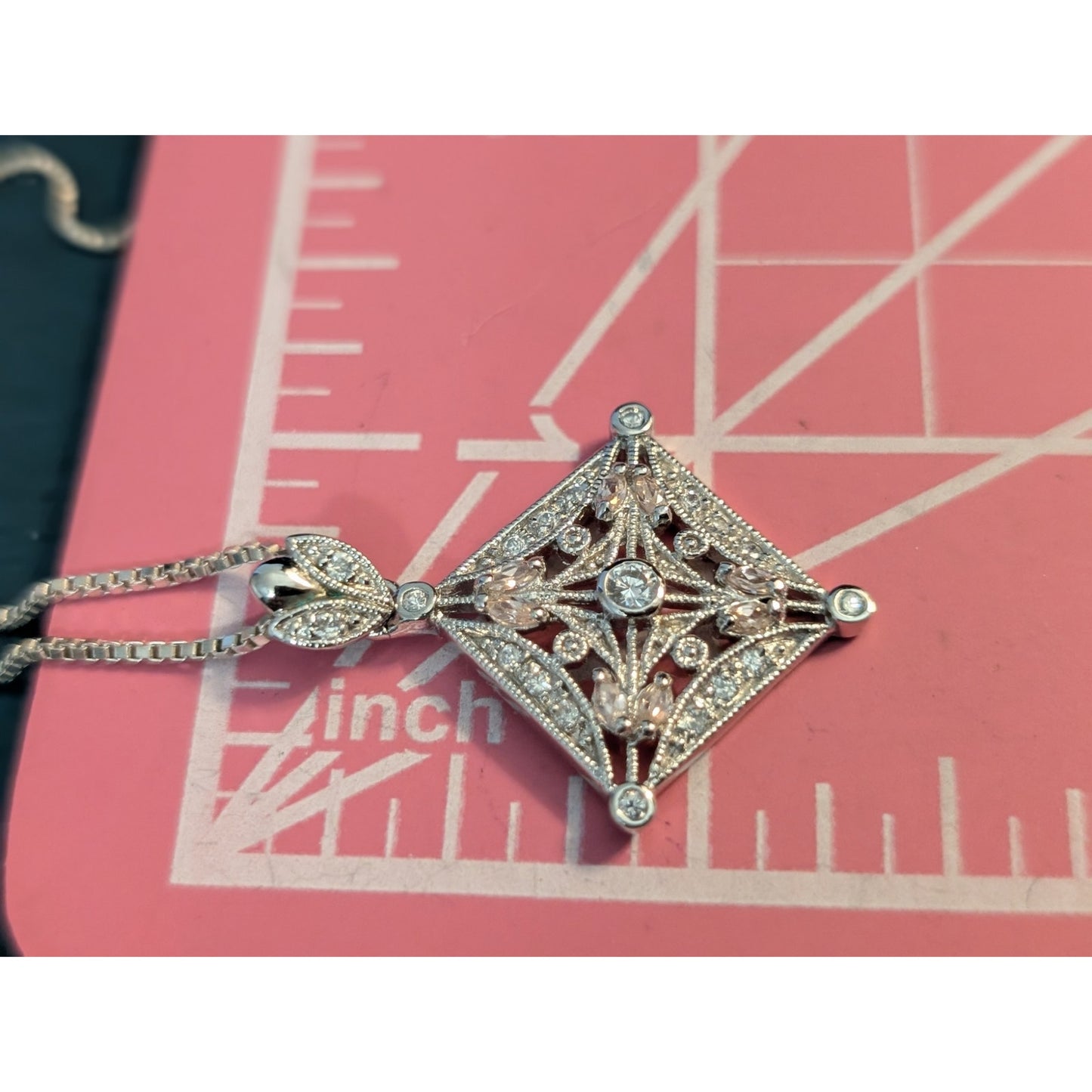 925 Sterling Silver White & Pink CZ Pendant Box Chain 18" Necklace