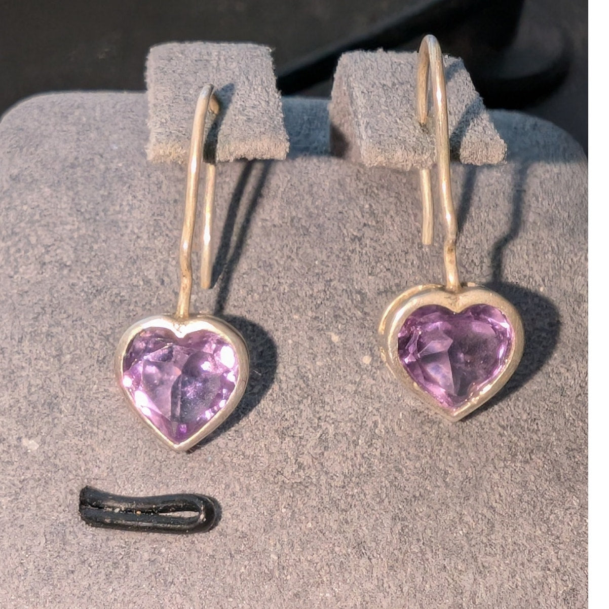 Vintage 925 Sterling Silver Amethyst Heart Wire Drop Earrings