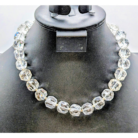 Vtg 925 Sterling Chunky Faceted Cut Rock Crystal Quartz Toggle Clasp Necklace