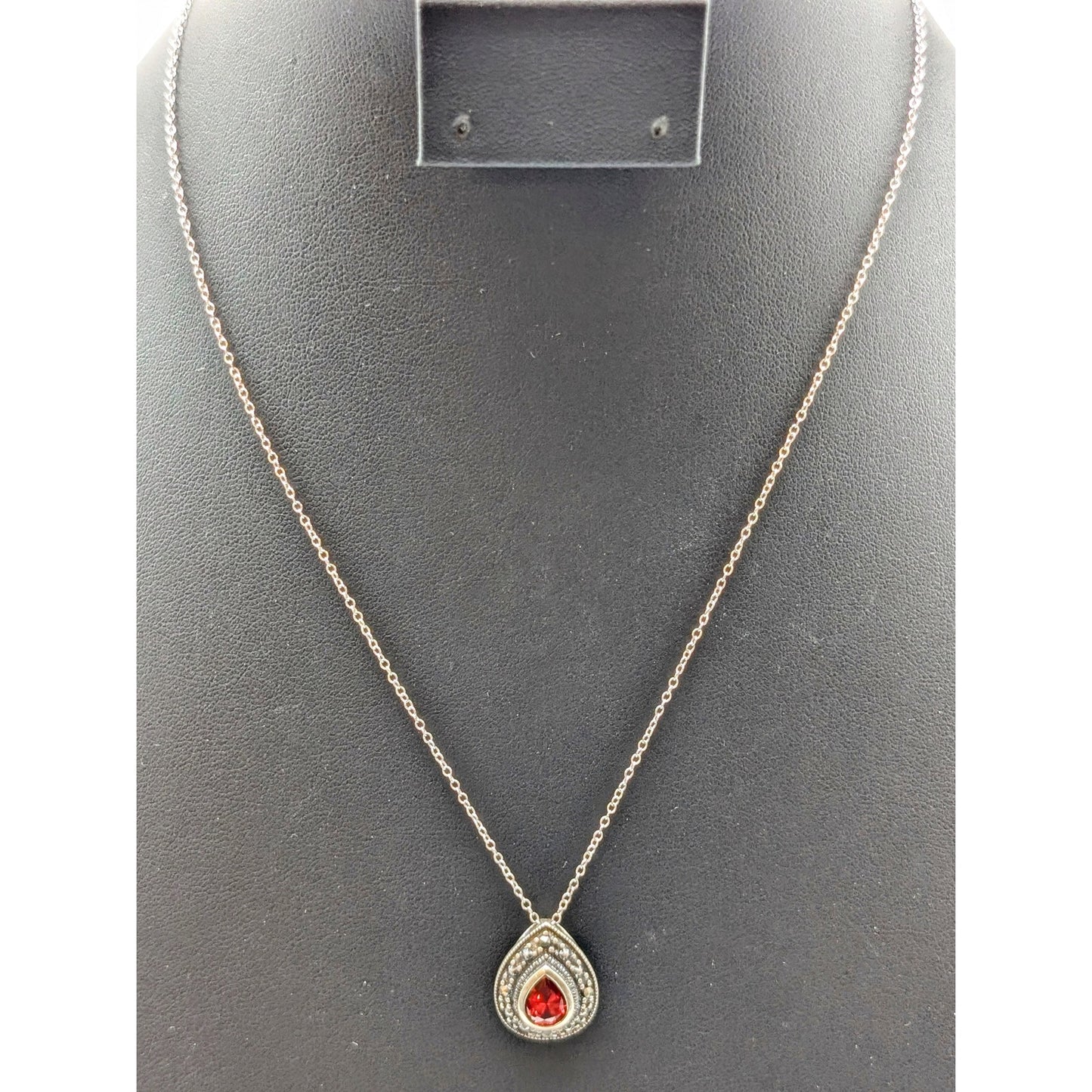 925 Sterling Bezel Set Red Faceted Crystal Teardrop Marcasite Surround Necklace